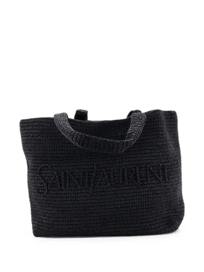 Pre-owned Saint Laurent Logo Supple Embroidered Raffia Tote Bag In Black