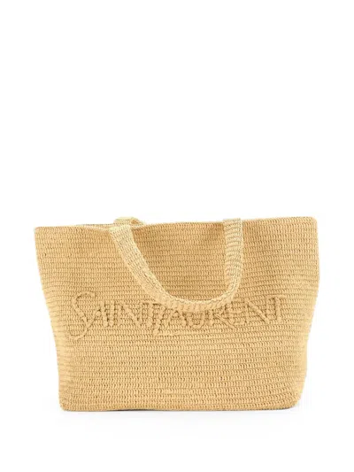 Pre-owned Saint Laurent Logo Supple Embroidered Raffia Tote Bag In Neutral