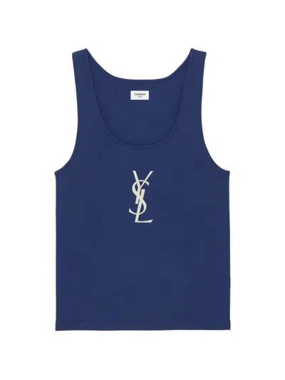 Saint Laurent Cassandre Tank Top With Oversized Embroidery In Blue