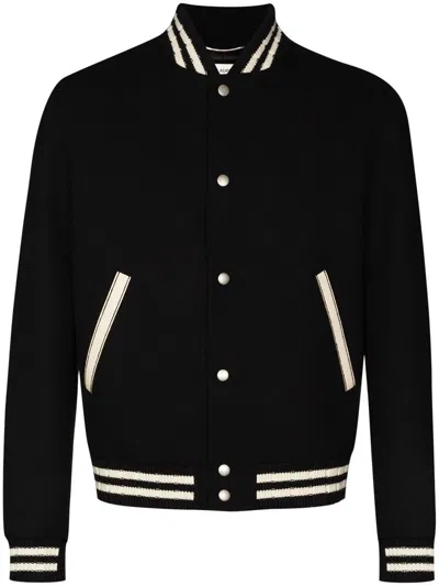 Saint Laurent Teddy Logo Patch Wool Blend Bomber Jacket In Black