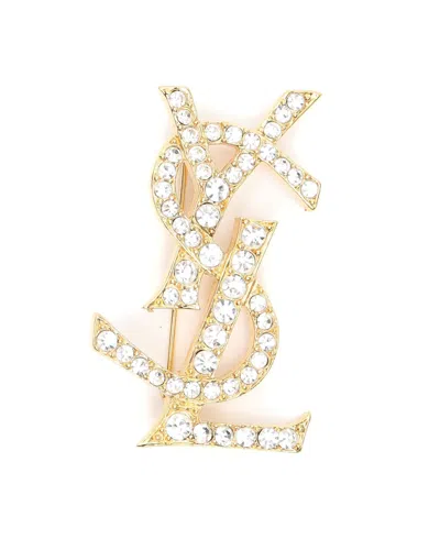 Saint Laurent Logo Ysl Rhinestone Brooch In Gold