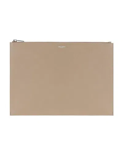 Saint Laurent Logo Zipper Clutch In Nude | ModeSens