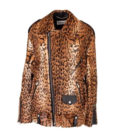 Saint Laurent Logo Zipper Leather Jacket In Brown