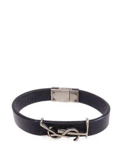 Pre-owned Saint Laurent Logo-appliqué Leather Bracelet In Black