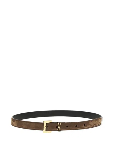Saint Laurent Logo-buckle Leather Belt In Brown