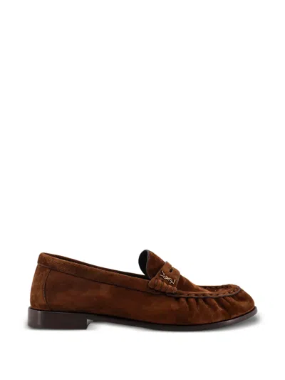 Saint Laurent Logo-plaque Leather Loafers In Brown