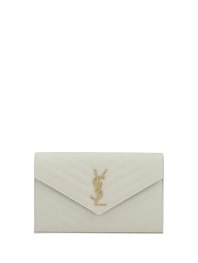 Saint Laurent Classic Cassandre Chain Wallet In Grain De Poudre Leather In White