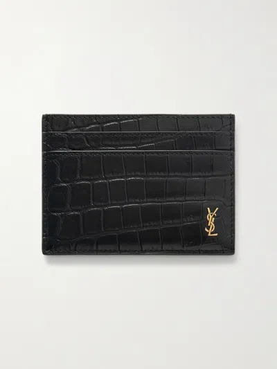 Saint Laurent Tiny Cassandre Card Case In Crocodile-embossed Matte Leather In Black