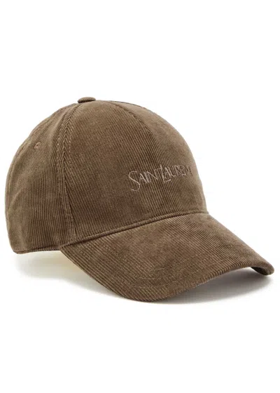 Saint Laurent Logo-embroidered Corduroy Cap In Brown