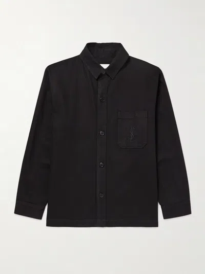 Saint Laurent Logo-embroidered Cotton And Linen-blend Gabardine Overshirt In Black