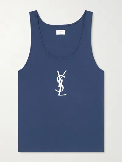 Saint Laurent Cassandre Tank Top In Cotton With Ysl Monogram In Blue