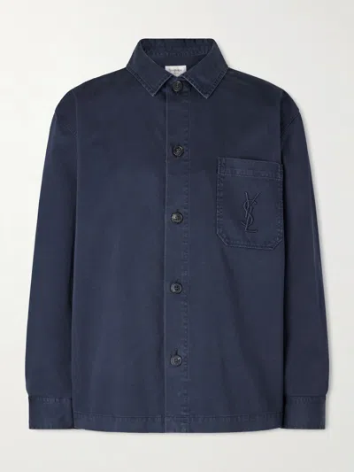 Saint Laurent Cassandre Overshirt In Cotton And Linen Gabardine In Blue