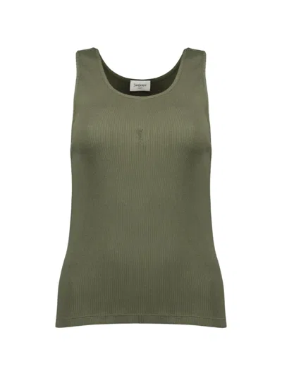 Saint Laurent Logo-embroidered Ribbed Tank Top In Green