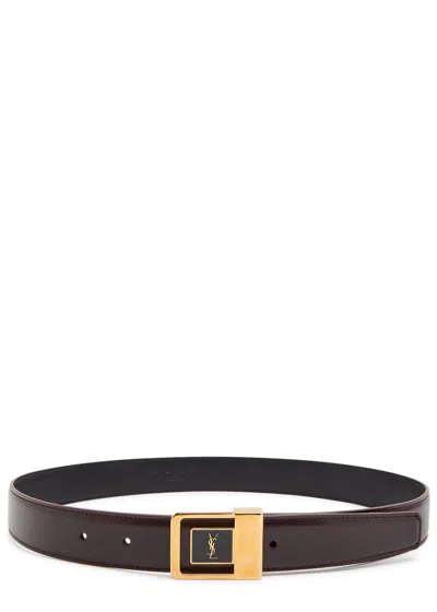 Saint Laurent Logo-engraved Leather Belt In Burgundy