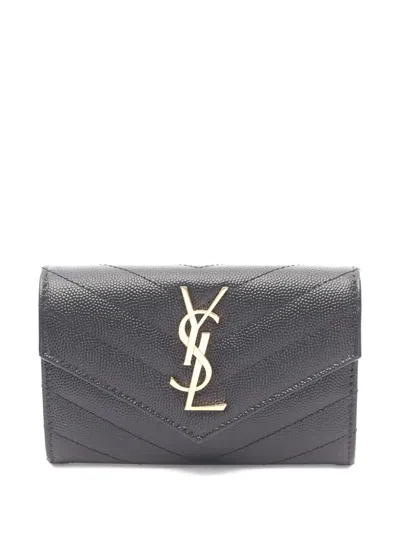Pre-owned Saint Laurent Logo-plaque Envelope Leather Wallet In Black