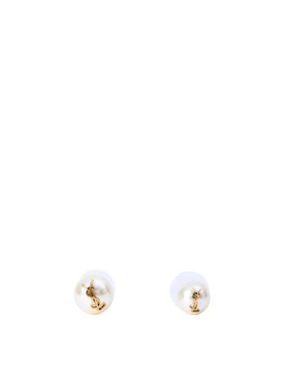 Saint Laurent Logo-plaque Pearl Stud Earrings In Gold
