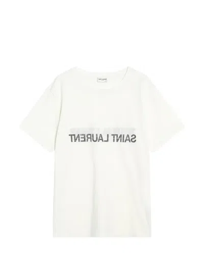 Saint Laurent T-shirt In Cotone Stampa Logo Reversed In White