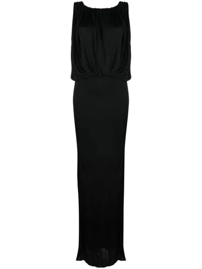 Saint Laurent Long Black Dress With Gathered Bodice