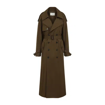Saint Laurent Long Brown Double-breasted Trench Coat In Green