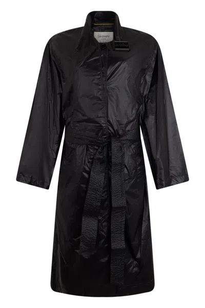 Saint Laurent Long Button-front Trench Coat With Belt In Black