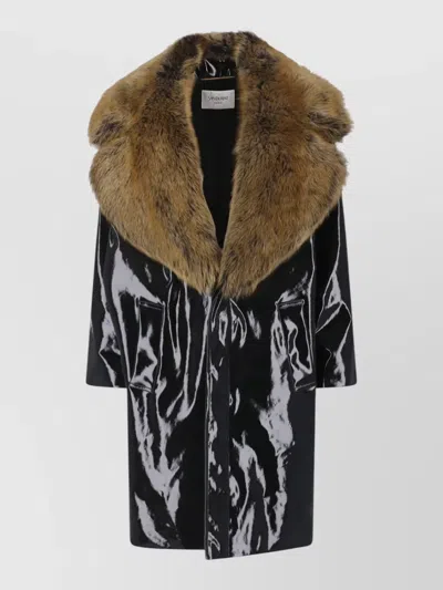 Saint Laurent Long Coat Faux Fur Collar Glossy Finish In Neutral
