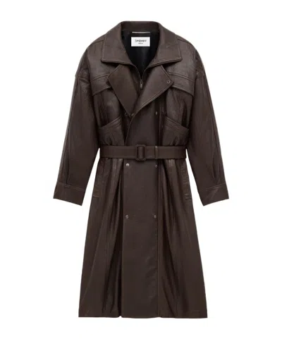 Saint Laurent Long Coat In Bubbled Lambskin In Brown