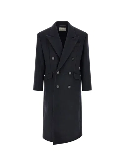 Saint Laurent Long Coat In Double-face Wool Felt In Blue