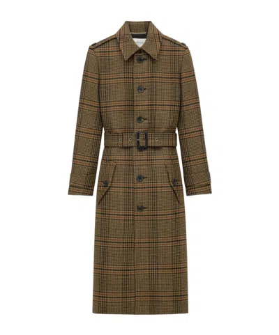 Saint Laurent Long Coat In Prince Of Wales Wool In Brown