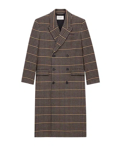 Saint Laurent Long Coat In Wool Check In Black