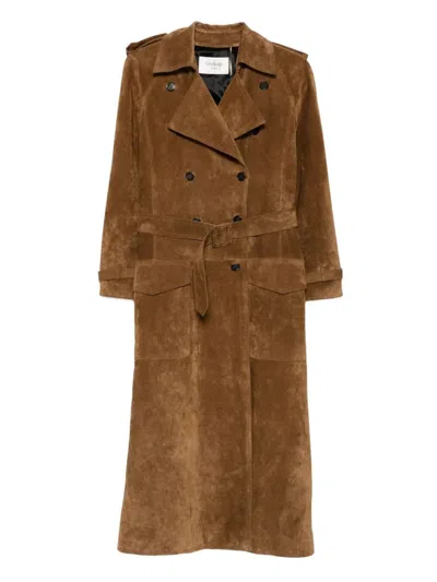 Saint Laurent Long Double-breasted Suede Trench Coat In Brown