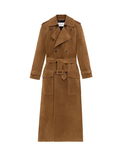 Saint Laurent Long Double-breasted Suede Trench Coat In Brown