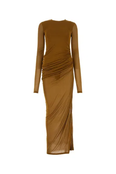 Saint Laurent Long Draped Dress In Gold