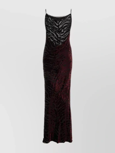 Saint Laurent Long Dress With Animal Print And Flared Hem In Brown