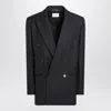 Saint Laurent Long Navy Blue Wool Gabardine Coat In Black