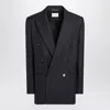 Saint Laurent Long Navy Blue Wool Gabardine Coat In Black