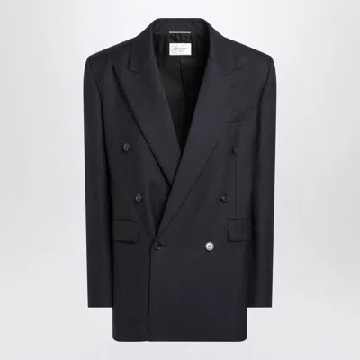 Saint Laurent Long Navy Gabardine Coat In Black