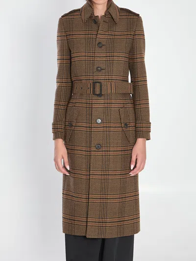 Saint Laurent Long Prince Of Wales Wool Coat In Brown