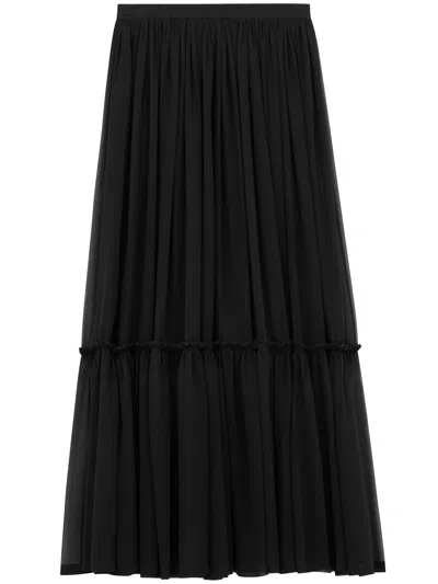 Saint Laurent Long Ruffled Black Silk Skirt