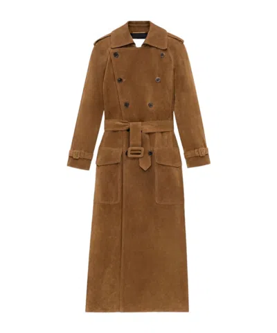 SAINT LAURENT DOUBLE-BREASTED SUEDE LONG TRENCH-COAT