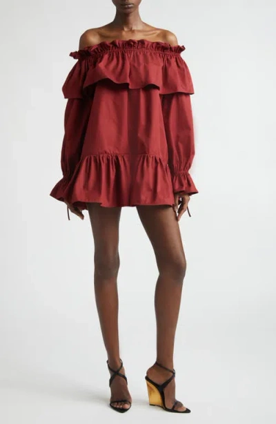 Saint Laurent Long Sleeve Cotton Ruffle Off The Shoulder Minidress In Red