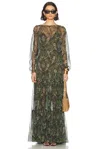 Saint Laurent Pussy-bow Shirred Printed Metallic Silk-crepon Maxi Dress In Vert Multico