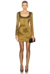 Saint Laurent Long Sleeve Mini Dress In Vert Kaki