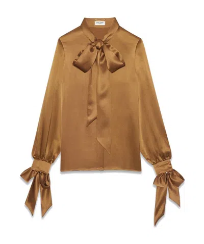 Saint Laurent Long-sleeve Pussy-bow Blouse In Brown