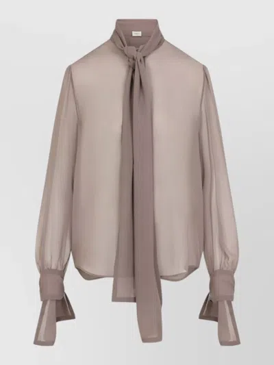 Saint Laurent Long Sleeve Relaxed Shirt Tie Neck In Neutral