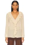 Saint Laurent Beige Blouse With V Neck And Ruffles On Front And Rear In Silk Woman In Brown
