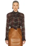 Saint Laurent Brown Shirt With Pussybow Collar And All-over Check Motif In Wool Woman In Multi