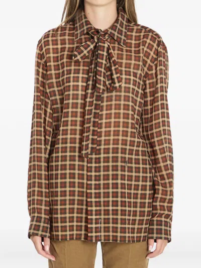 Saint Laurent Long-sleeve Wool Tie-neck Shirt In Multi