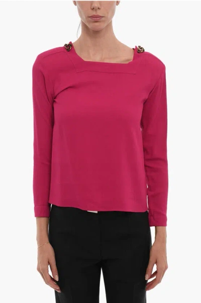 Saint Laurent Long Sleeved Blouse With Squared Neck And Jewel Buttons In Pink