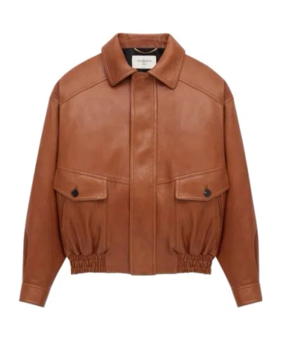 Saint Laurent Long-sleeved Bomber Jacket In Brown