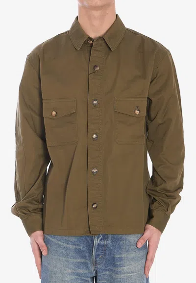 Saint Laurent Long-sleeved Button-up Overshirt In Green